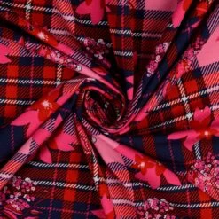 Jersey Baumwolle Tartan Blumen Rosa Rot