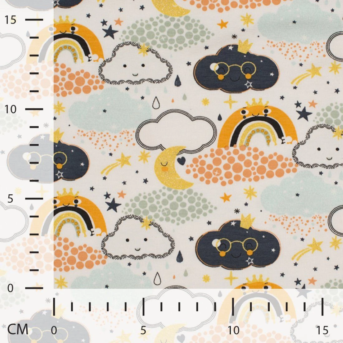 Jersey Baumwolle Glitzer Wolken Orange/Blau/Grau 4 Jersey Baumwolle Glitzer Wolken Orange/Blau/Grau – Bild 4