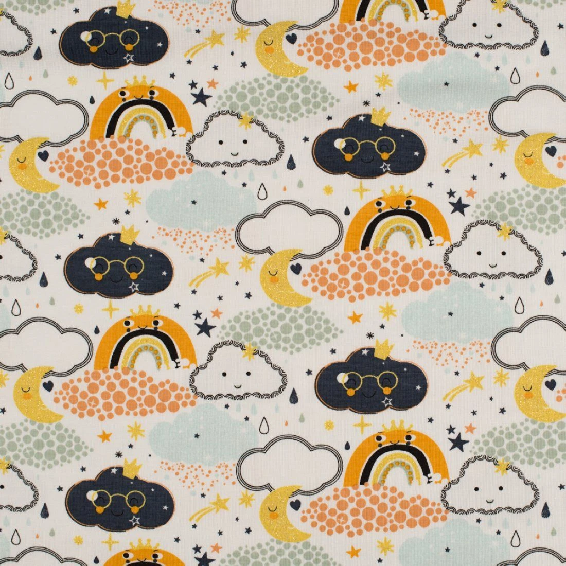 Jersey Baumwolle Glitzer Wolken Orange/Blau/Grau 2 Jersey Baumwolle Glitzer Wolken Orange/Blau/Grau – Bild 2