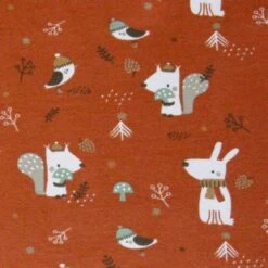 Baumwolljersey Mit Tiermotiven Und Pilzen In Rostfarbe