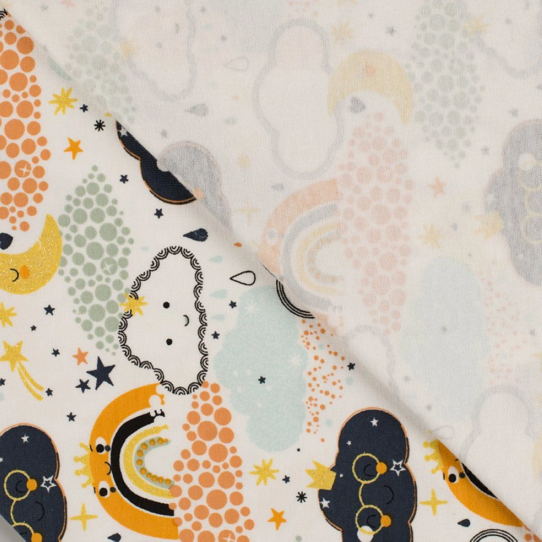 Jersey Baumwolle Glitzer Wolken Orange/Blau/Grau 3 Jersey Baumwolle Glitzer Wolken Orange/Blau/Grau – Bild 3